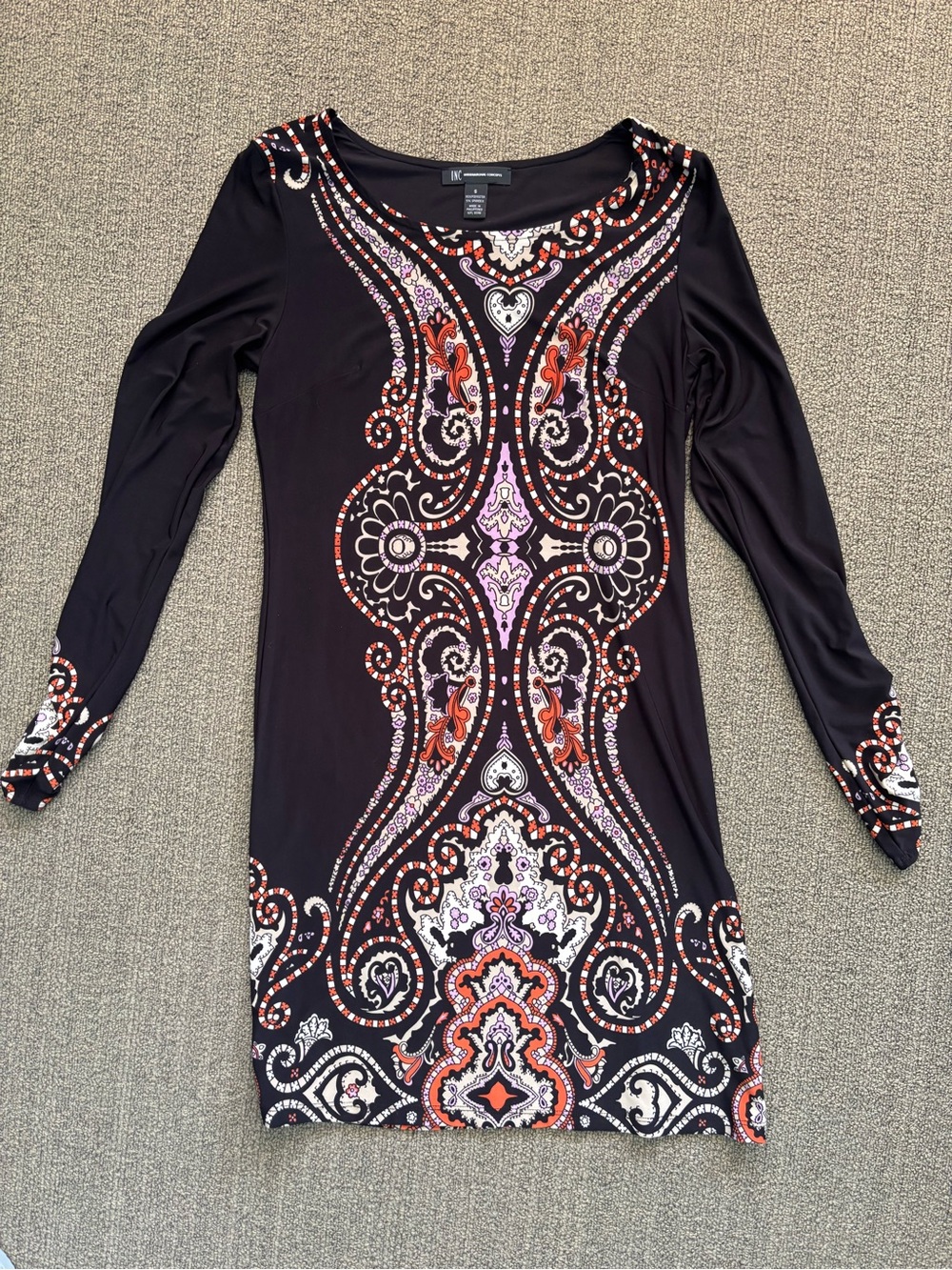 INC International Concepts Black Dress with Orange, White & Purple Paisley Print